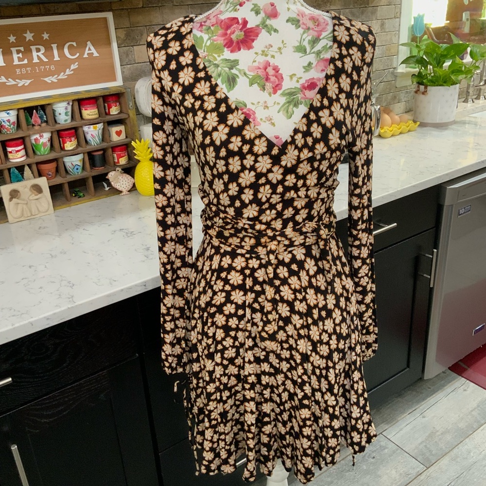 Free People XS Pradera Floral Faux Wrap Floral Dress Tie Long Sleeve Stretch